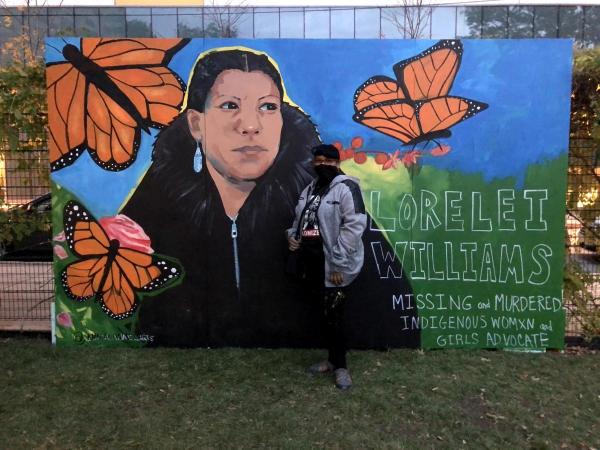 [S]heroes Among Us mural by Priscilla Bell at Drexel, featuring Lorelei Williams - a missing and murdered Indigenous Womxn and Girls Advocate