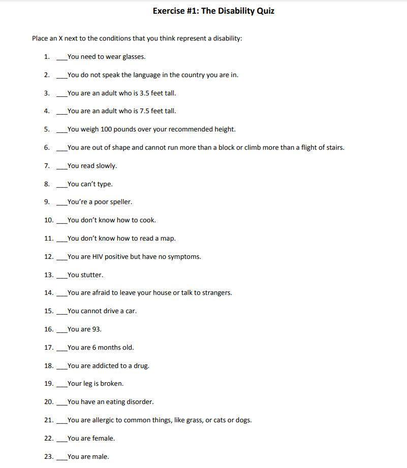 A quiz to help people become more aware of their relationship to disability