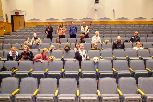 Dogs with their trainers in the audience