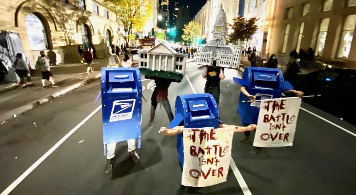 Mailbox puppets dancing to help protect the counting of ballots during the 2020 presidential election