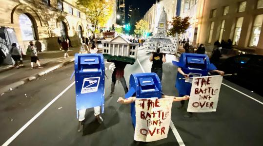 Mailbox puppets dancing to help protect the counting of ballots during the 2020 presidential election