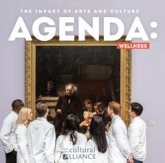 The cover of our Agenda: Wellness publication. The cover reads Agenda: Wellness and has 5 physician assistant students looking at the painting of the Gross Clinic at the Pennsylvania Academy of the Fine Arts.
